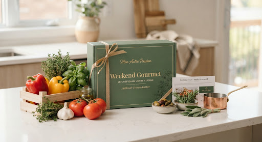Premium weekend meal box with fresh ingredients on a white counter.
